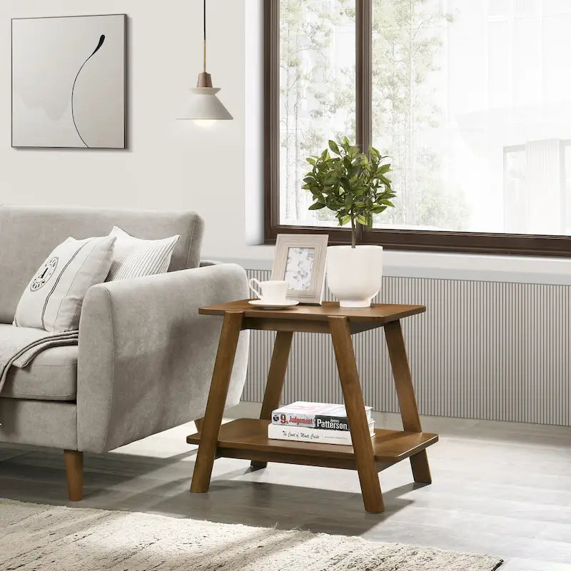 Table d'appoint étagère en bois noyer/chêne naturel/blanc cassé de style moderne milieu de siècle