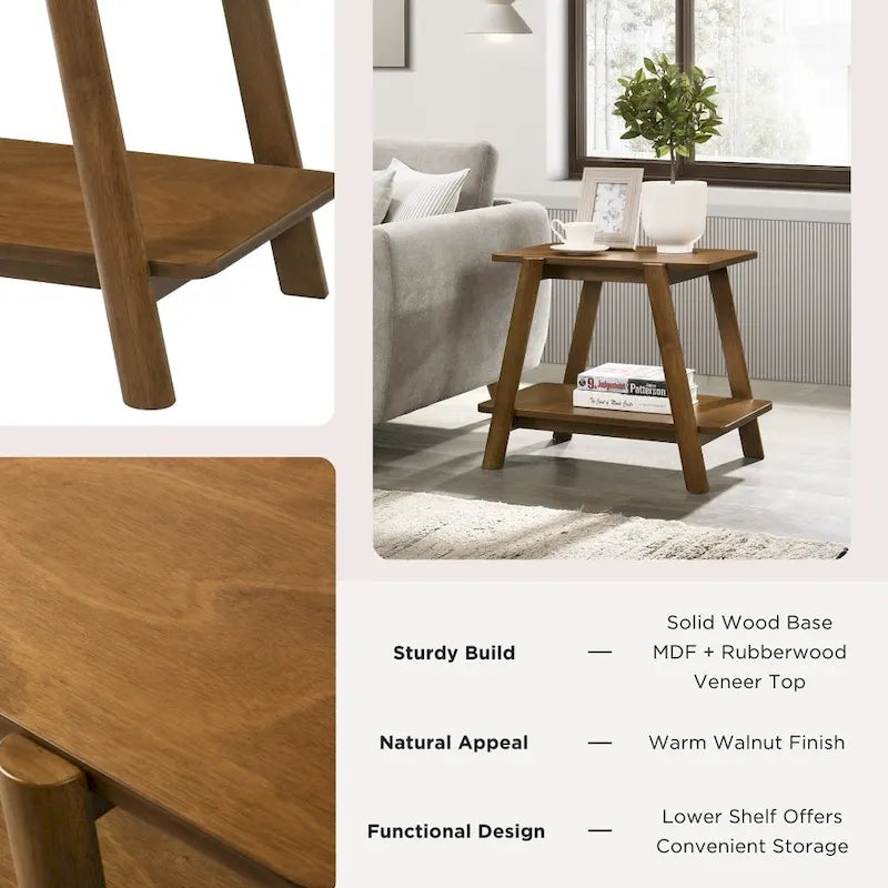 Table d'appoint étagère en bois noyer/chêne naturel/blanc cassé de style moderne milieu de siècle