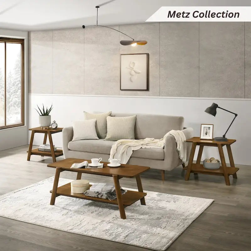 Table d'appoint étagère en bois noyer/chêne naturel/blanc cassé de style moderne milieu de siècle