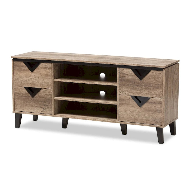 Meuble TV 4 tiroirs marron clair de 55 po, style contemporain, assemblage par 1 personne