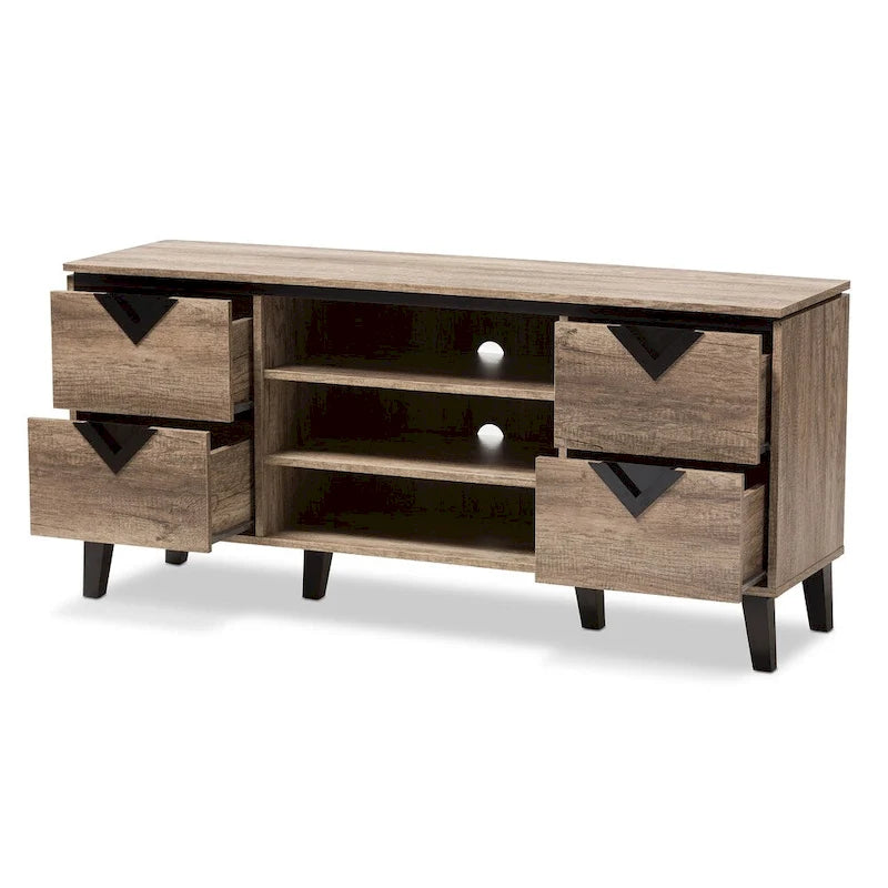 Meuble TV 4 tiroirs marron clair de 55 po, style contemporain, assemblage par 1 personne
