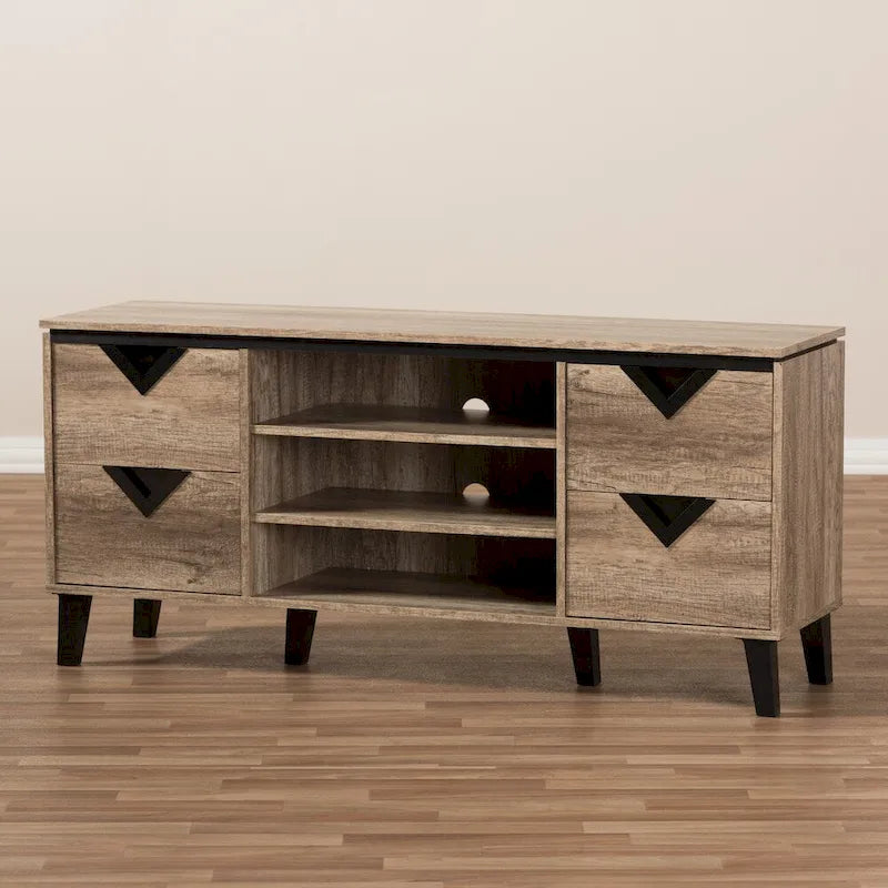Meuble TV 4 tiroirs marron clair de 55 po, style contemporain, assemblage par 1 personne