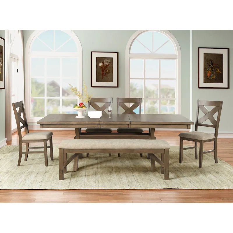 Ensemble de salle à manger extensible en pin glacé marron 6 pièces – Table, 4 chaises et banc, peut accueillir jusqu'à 8 personnes