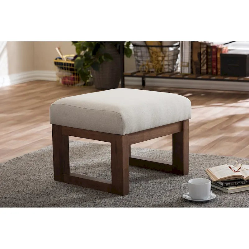 Beige Mid-Century Modern Ottoman Stool, Walnut Finish, Single Seat