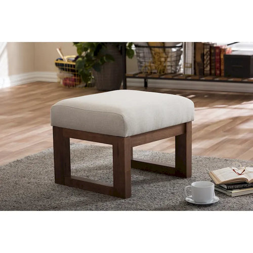 Beige Mid-Century Modern Ottoman Stool, Walnut Finish, Single Seat