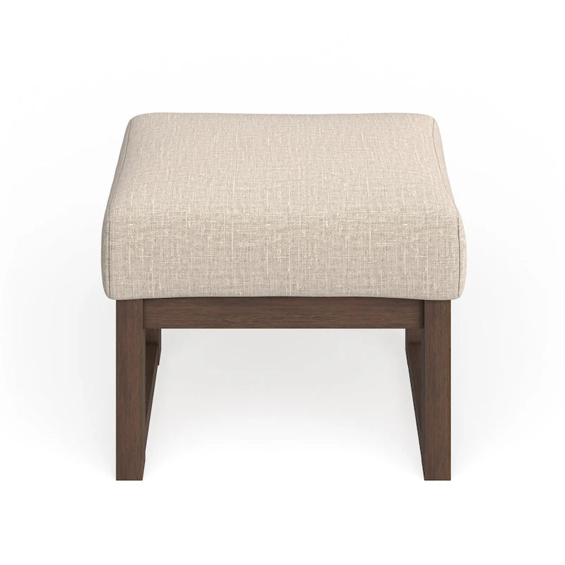 Beige Mid-Century Modern Ottoman Stool, Walnut Finish, Single Seat