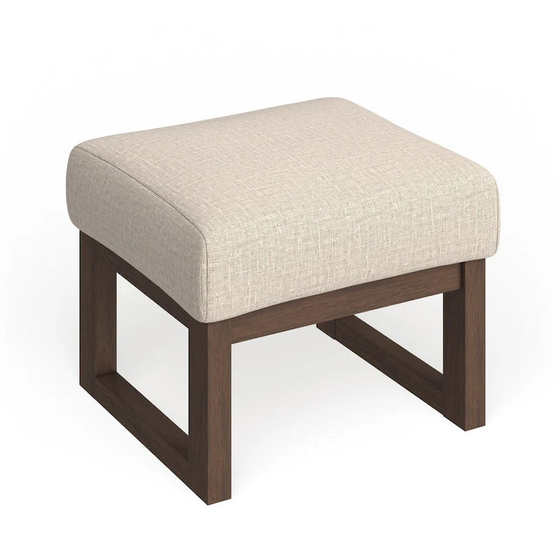 Beige Mid-Century Modern Ottoman Stool, Walnut Finish, Single Seat