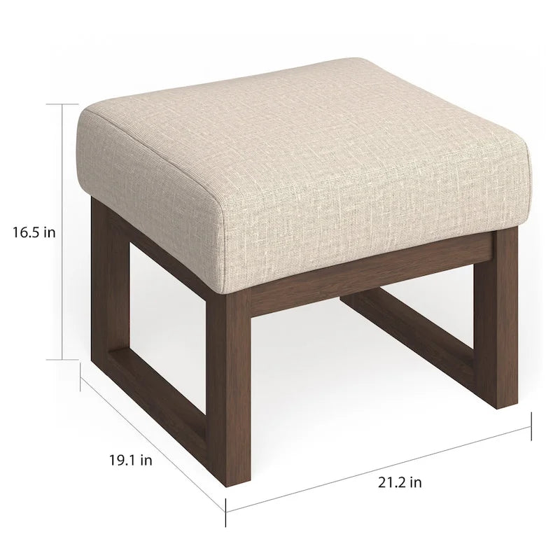 Beige Mid-Century Modern Ottoman Stool, Walnut Finish, Single Seat