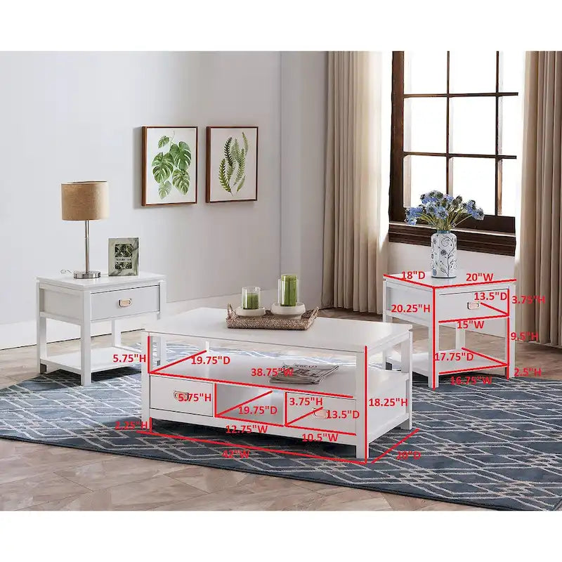 White Wood 3-Piece Coffee Table & 2 End Tables Set, Fits 1–4 People
