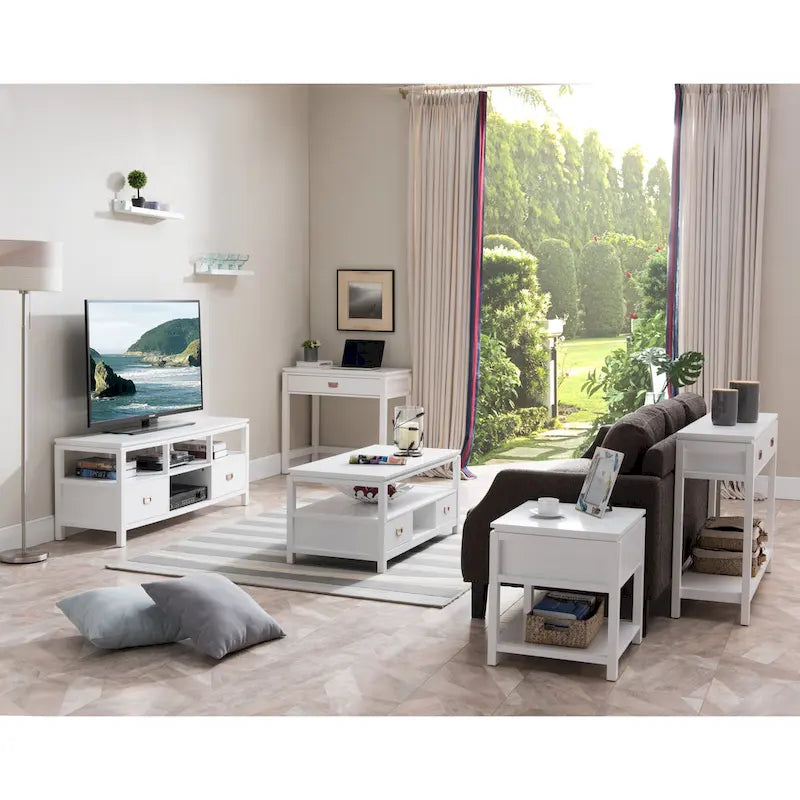 White Wood 3-Piece Coffee Table & 2 End Tables Set, Fits 1–4 People