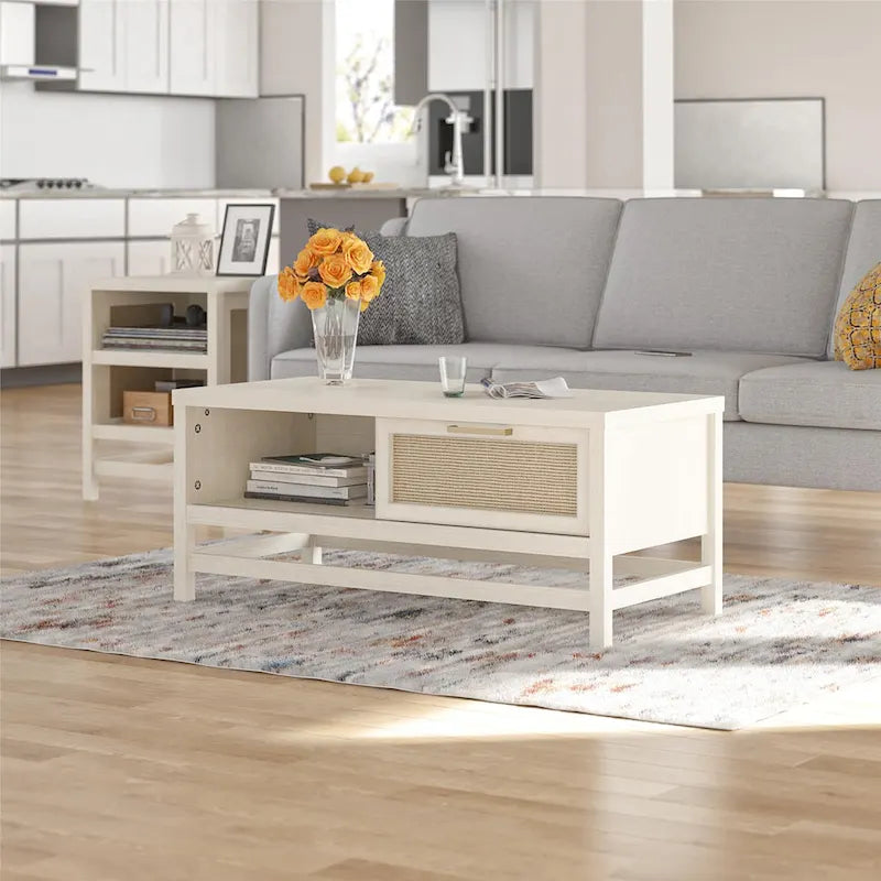 Ivory Oak Sliding Door Coffee Table, 2-Adult Assembly