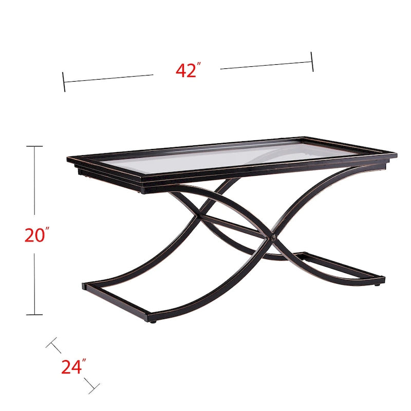 Table basse en verre à plateau en métal vieilli noir et cuivre, 1 personne