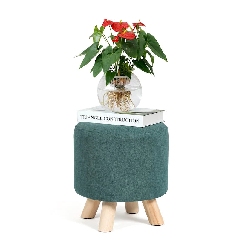 White / Green Round Upholstered Ottoman, Footrest / Extra Seat, 1-Person