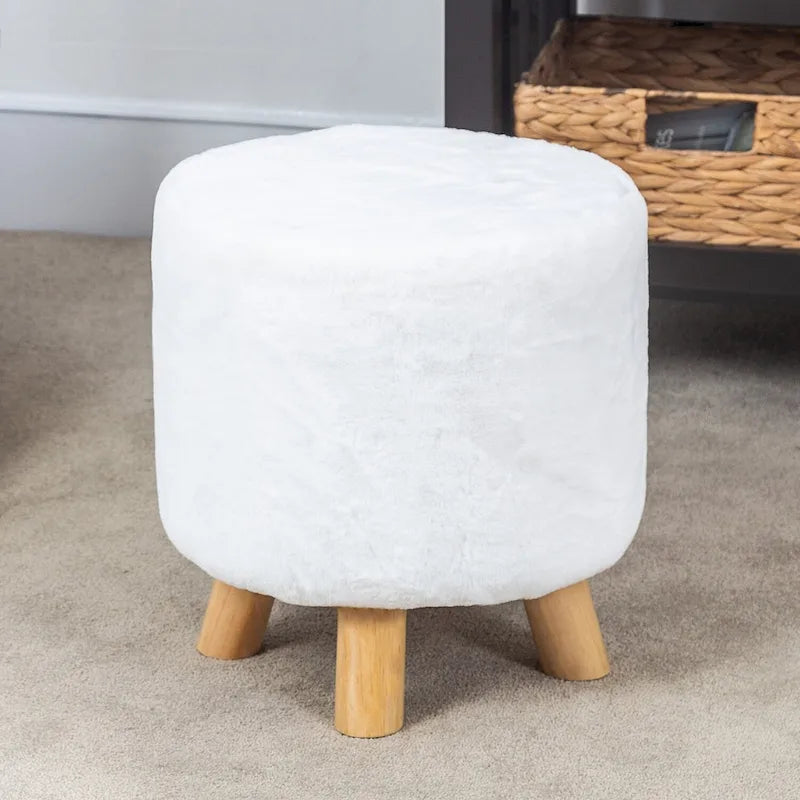 White / Green Round Upholstered Ottoman, Footrest / Extra Seat, 1-Person