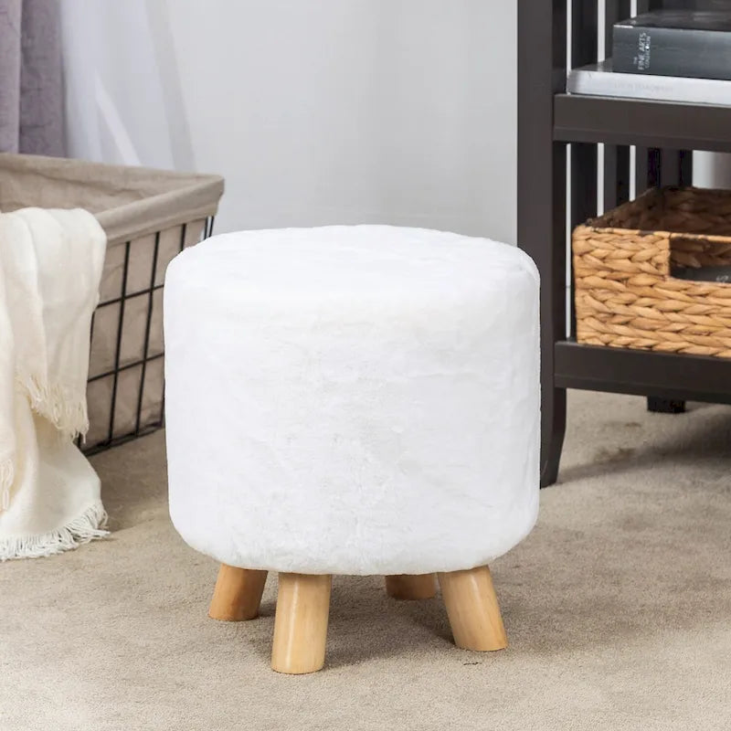 White / Green Round Upholstered Ottoman, Footrest / Extra Seat, 1-Person