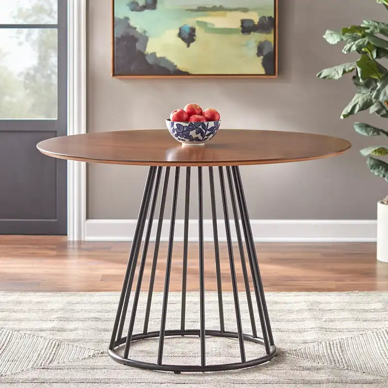 White/Walnut Round Dining Table, Mid-Century Style, Seats 4