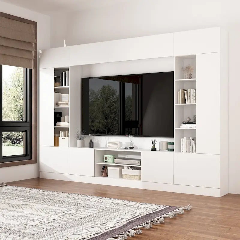 Black / White Wall Unit TV Stand with LED Lighting, Fits up to 75" TV, 2–3 Person Assembly