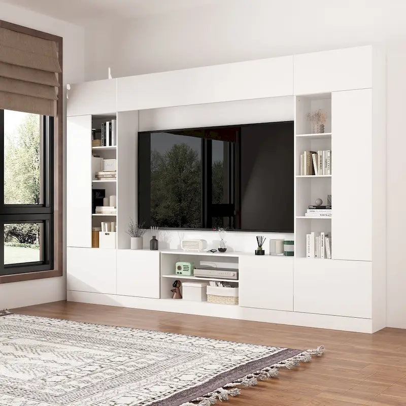 Black / White Wall Unit TV Stand with LED Lighting, Fits up to 75" TV, 2–3 Person Assembly