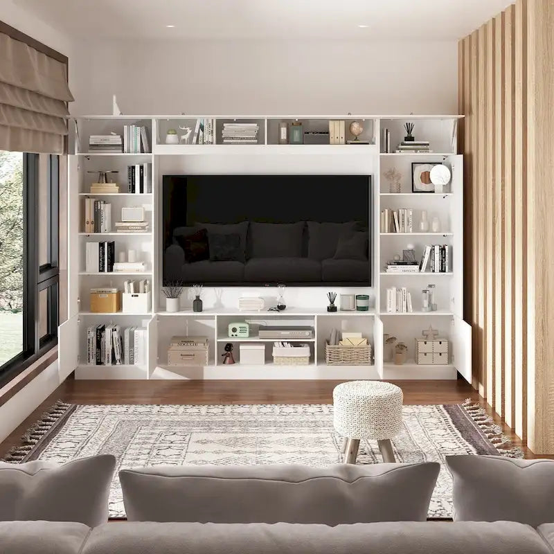 Black / White Wall Unit TV Stand with LED Lighting, Fits up to 75" TV, 2–3 Person Assembly