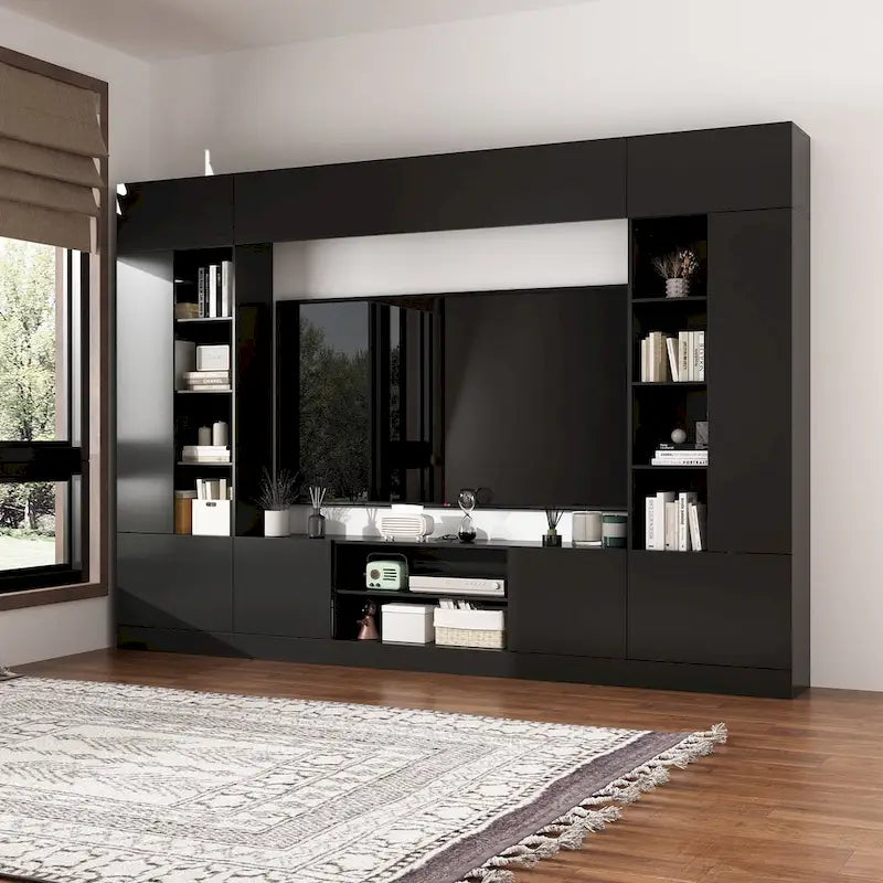 Black / White Wall Unit TV Stand with LED Lighting, Fits up to 75" TV, 2–3 Person Assembly