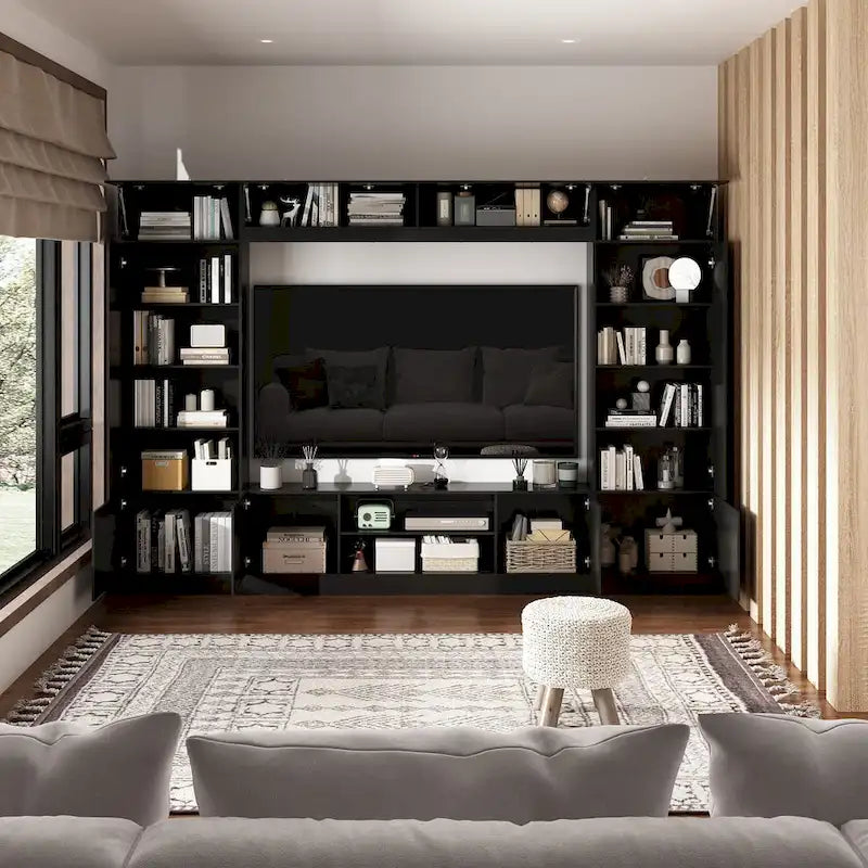 Black / White Wall Unit TV Stand with LED Lighting, Fits up to 75" TV, 2–3 Person Assembly