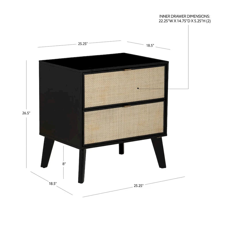 Natural/Black Rubberwood Cane 2-Drawer Nightstand, Single