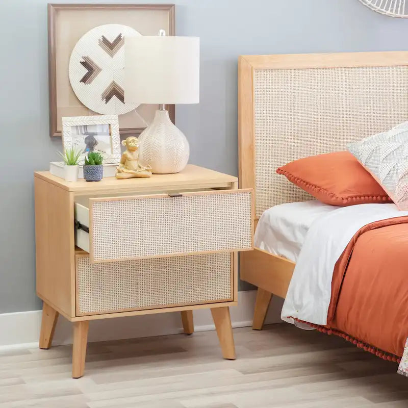 Natural/Black Rubberwood Cane 2-Drawer Nightstand, Single