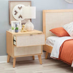 Natural/Black Rubberwood Cane 2-Drawer Nightstand, Single
