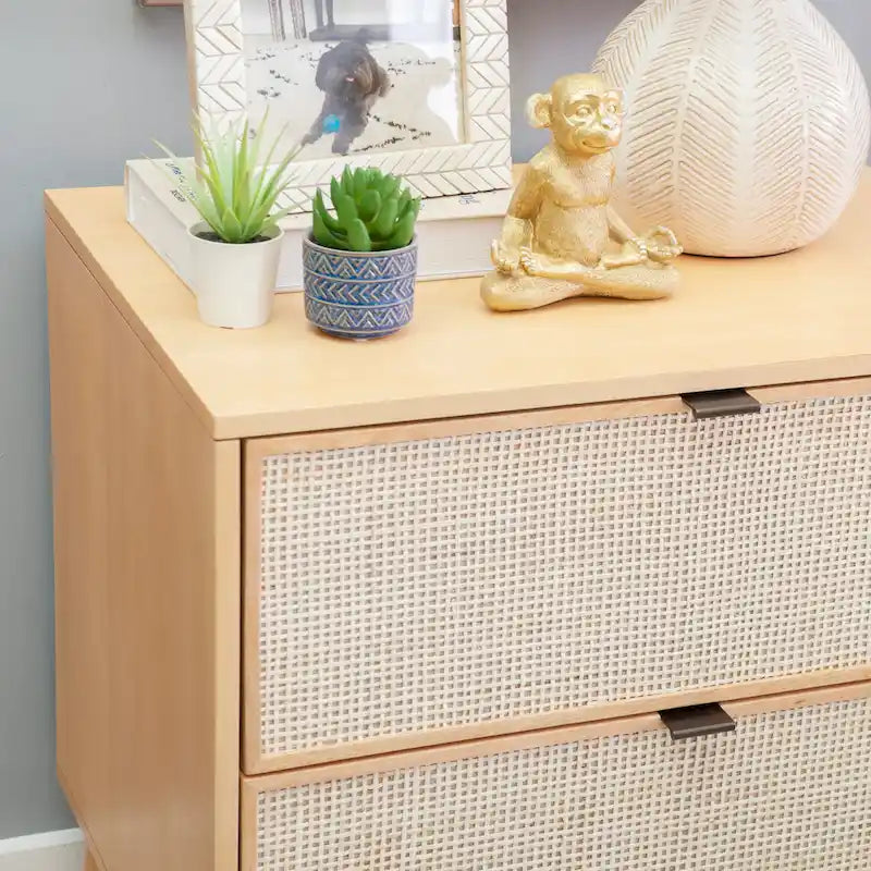 Natural/Black Rubberwood Cane 2-Drawer Nightstand, Single