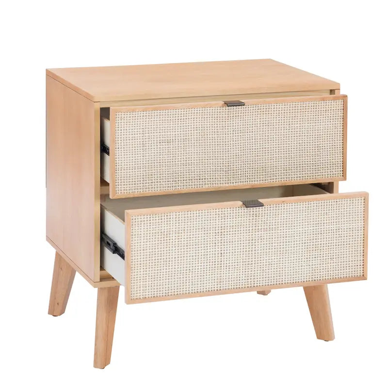 Natural/Black Rubberwood Cane 2-Drawer Nightstand, Single