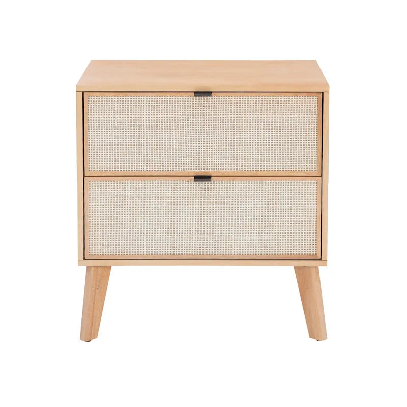Natural/Black Rubberwood Cane 2-Drawer Nightstand, Single