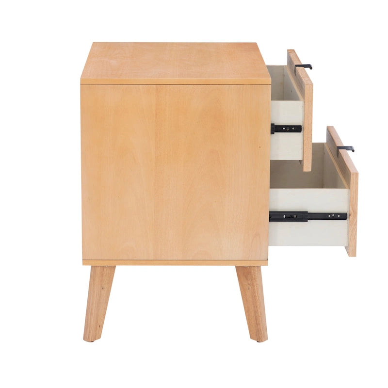 Natural/Black Rubberwood Cane 2-Drawer Nightstand, Single