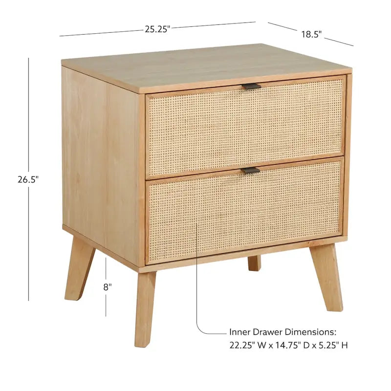 Natural/Black Rubberwood Cane 2-Drawer Nightstand, Single