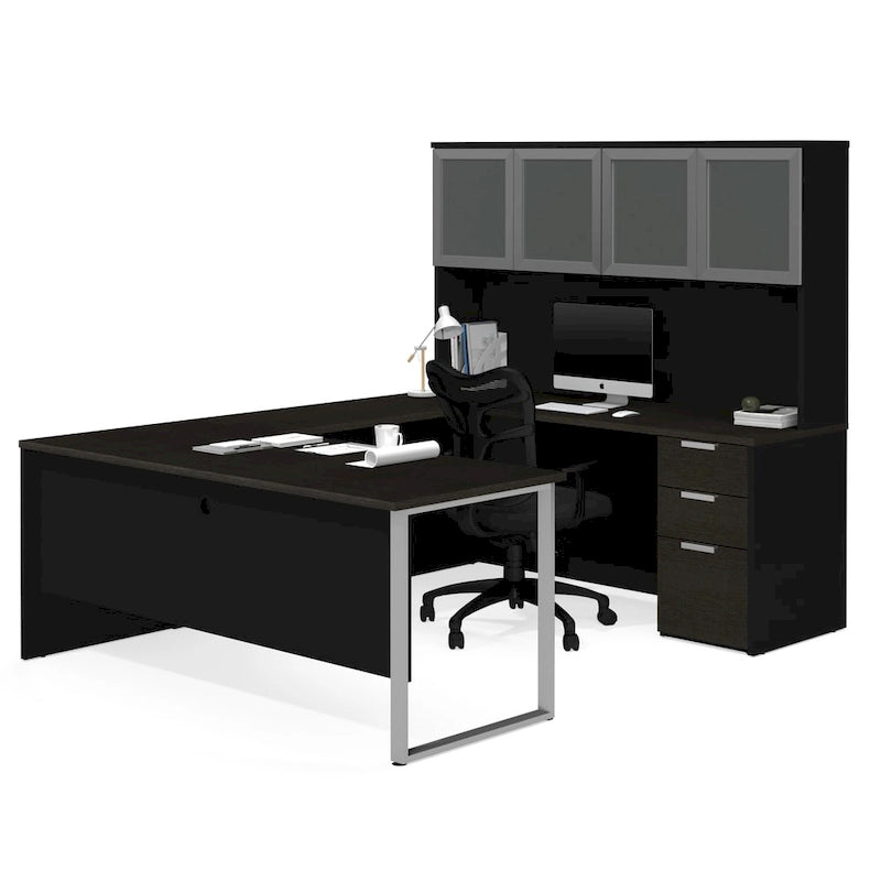 Deep Grey / Black U-Shaped Desk with Frosted Glass Hutch, 2-Person