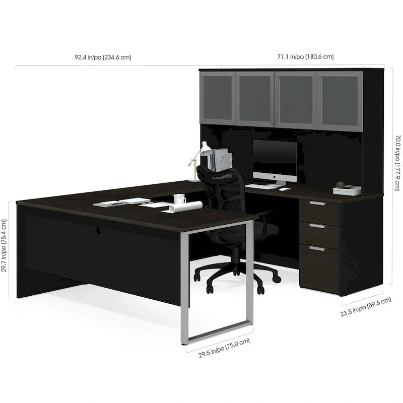 Bureau en U gris foncé/noir pour 2 personnes avec huche en verre dépoli