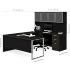 Bureau en U gris foncé/noir pour 2 personnes avec huche en verre dépoli