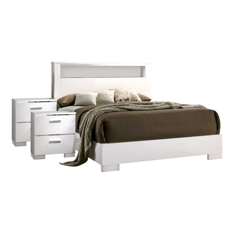 Lit queen à panneau de rangement contemporain blanc/noir avec 2 tables de nuit, 3 pièces