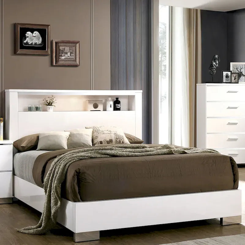 Lit queen à panneau de rangement contemporain blanc/noir avec 2 tables de nuit, 3 pièces