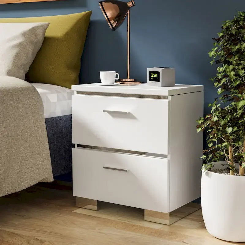 Lit queen à panneau de rangement contemporain blanc/noir avec 2 tables de nuit, 3 pièces