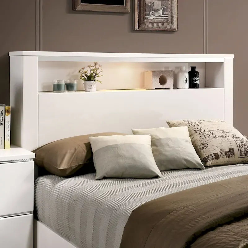 Lit queen à panneau de rangement contemporain blanc/noir avec 2 tables de nuit, 3 pièces