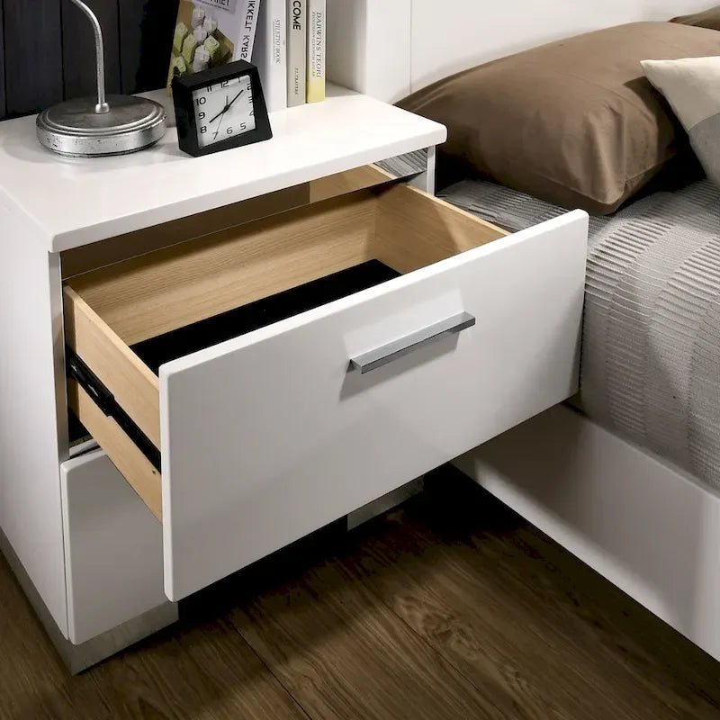 Lit queen à panneau de rangement contemporain blanc/noir avec 2 tables de nuit, 3 pièces