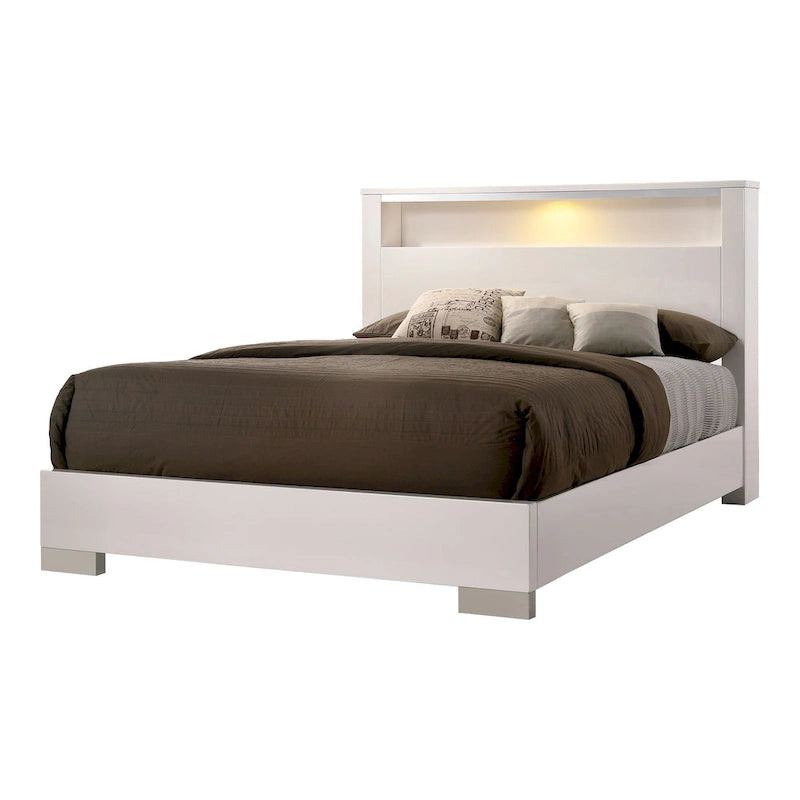 Lit queen à panneau de rangement contemporain blanc/noir avec 2 tables de nuit, 3 pièces