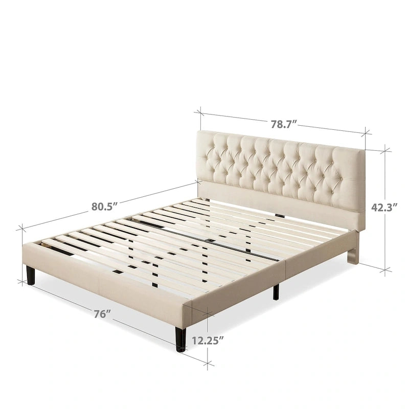Navy / Grey / Taupe Button-Tufted Upholstered Platform Bed Frame – Full / Queen / King