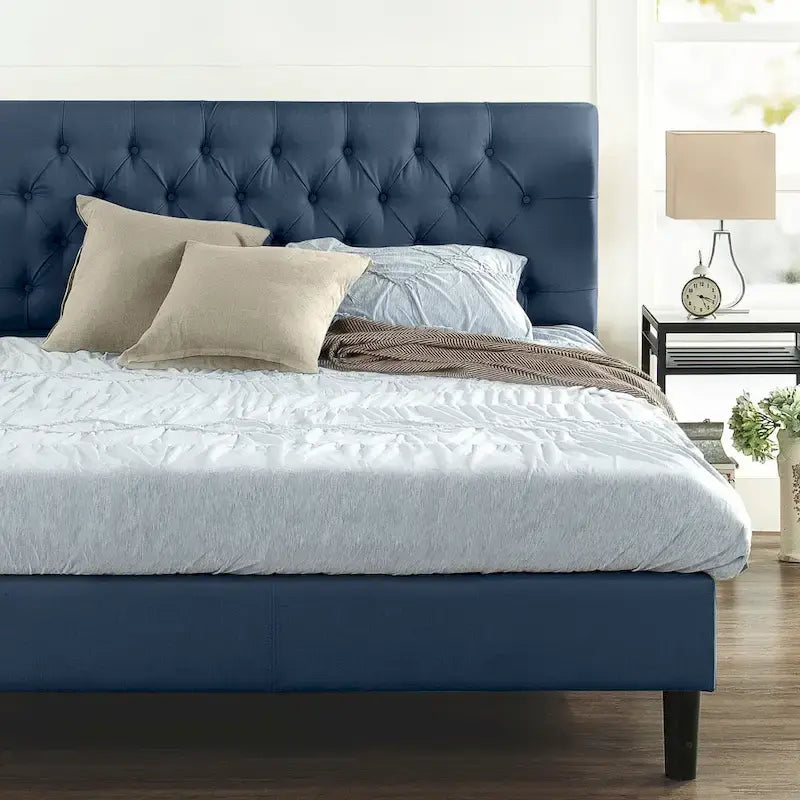 Navy / Grey / Taupe Button-Tufted Upholstered Platform Bed Frame – Full / Queen / King