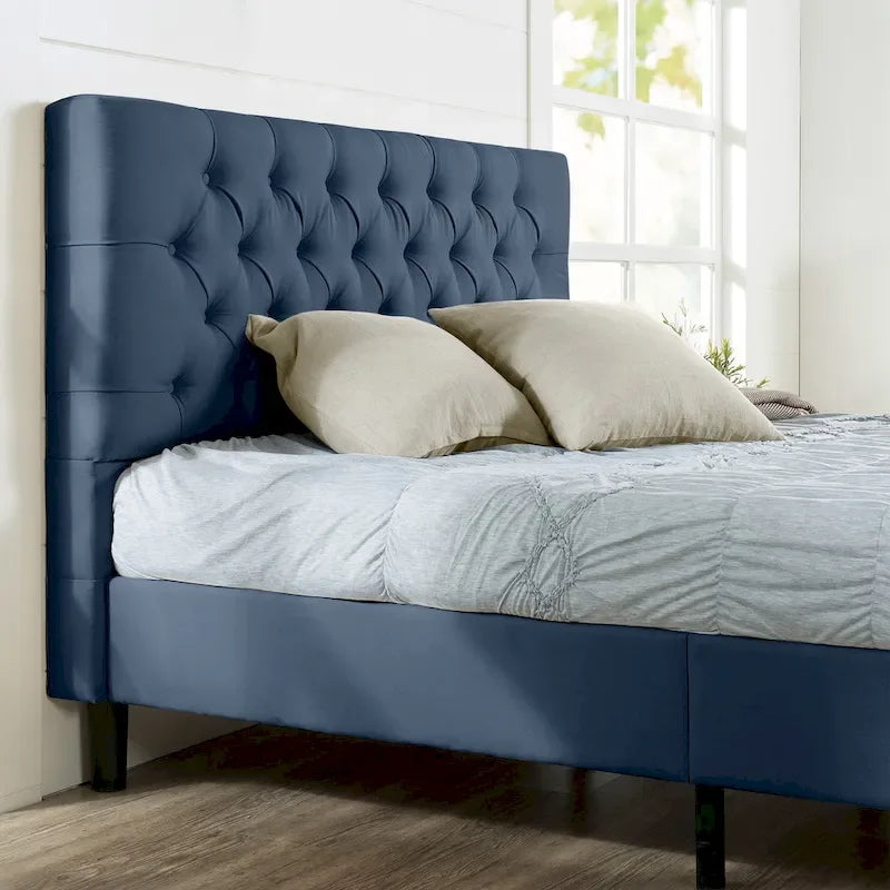 Navy / Grey / Taupe Button-Tufted Upholstered Platform Bed Frame – Full / Queen / King