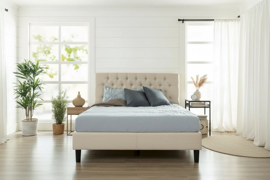 Navy / Grey / Taupe Button-Tufted Upholstered Platform Bed Frame – Full / Queen / King