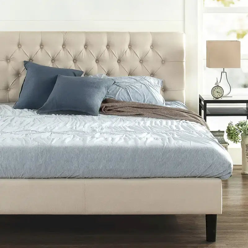 Navy / Grey / Taupe Button-Tufted Upholstered Platform Bed Frame – Full / Queen / King