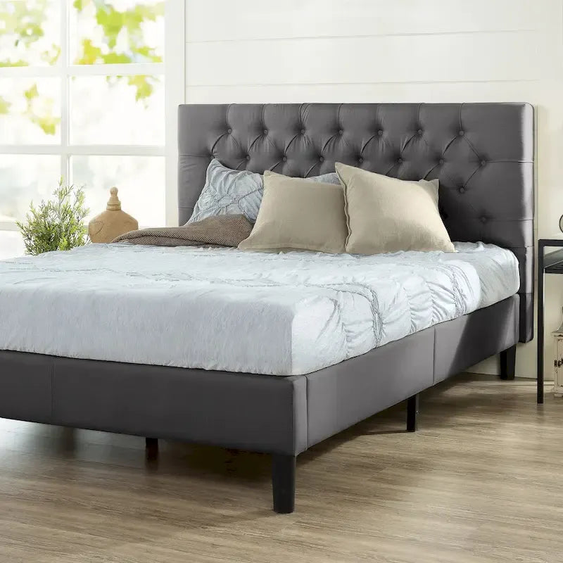 Navy / Grey / Taupe Button-Tufted Upholstered Platform Bed Frame – Full / Queen / King