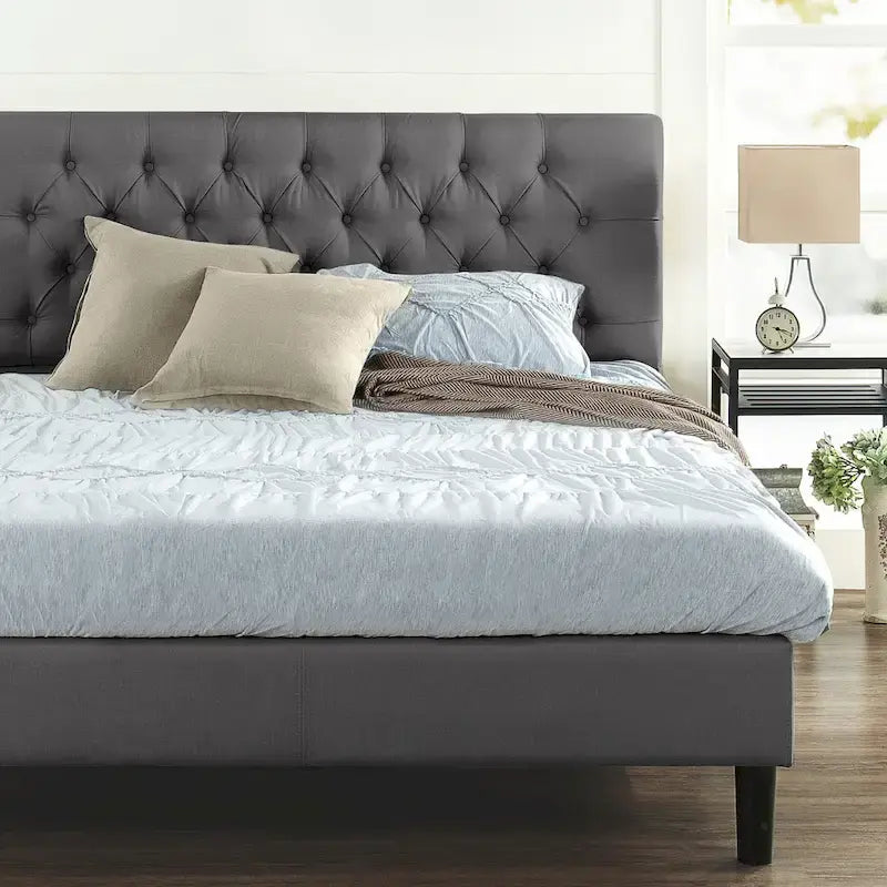 Navy / Grey / Taupe Button-Tufted Upholstered Platform Bed Frame – Full / Queen / King