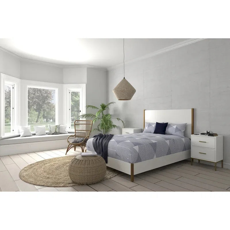 Lit panneau de bois blanc avec tête de lit rembourrée, 1-2 personnes